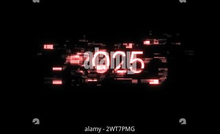 3D-Rendering von Text 2025 mit Bildschirmeffekten technologischer Fehler. Spektakuläre Bildschirmstörungen mit verschiedenen Arten von Interferenzen Stockfoto