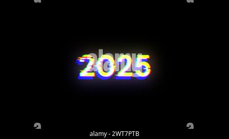 3D-Rendering von Text 2025 mit Bildschirmeffekten technologischer Fehler. Spektakuläre Bildschirmstörungen mit verschiedenen Arten von Interferenzen Stockfoto