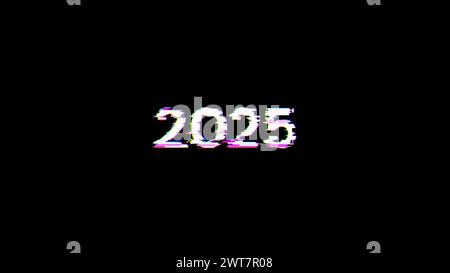 3D-Rendering von Text 2025 mit Bildschirmeffekten technologischer Fehler. Spektakuläre Bildschirmstörungen mit verschiedenen Arten von Interferenzen Stockfoto
