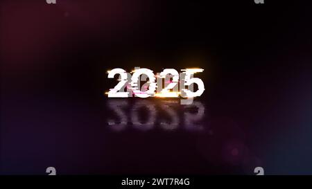 3D-Rendering von Text 2025 mit Bildschirmeffekten technologischer Fehler. Spektakuläre Bildschirmstörungen mit verschiedenen Arten von Interferenzen Stockfoto