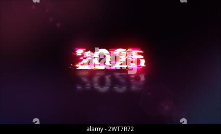 3D-Rendering von Text 2025 mit Bildschirmeffekten technologischer Fehler. Spektakuläre Bildschirmstörungen mit verschiedenen Arten von Interferenzen Stockfoto