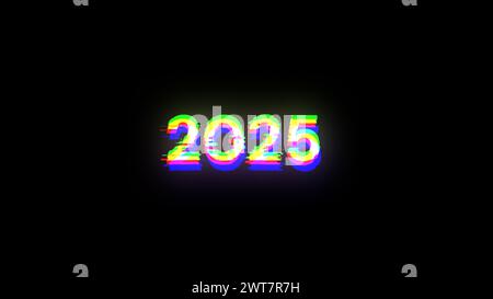 3D-Rendering von Text 2025 mit Bildschirmeffekten technologischer Fehler. Spektakuläre Bildschirmstörungen mit verschiedenen Arten von Interferenzen Stockfoto