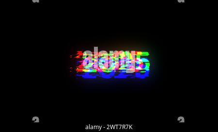 3D-Rendering von Text 2025 mit Bildschirmeffekten technologischer Fehler. Spektakuläre Bildschirmstörungen mit verschiedenen Arten von Interferenzen Stockfoto