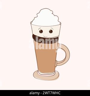 Eine weiße Kaffeetasse mit einem handgemalten Emoticon-Gesicht sitzt auf einem Tisch. Die Tasse ist mit dampfendem heißem Kaffee gefüllt Stock Vektor