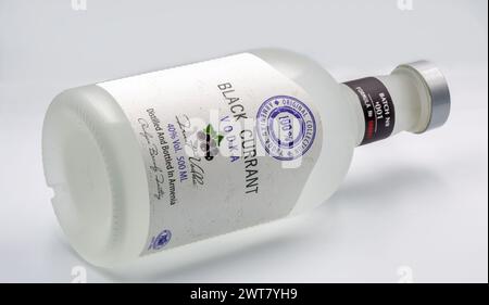 Kiew, Ukraine - 2. September 2022: Studio-Shooting der armenischen Schwarzen Johannisbeeren Wodka-Flasche auf weiß. Stockfoto