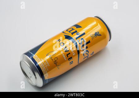 Kiew, Ukraine - 15. Dezember 2022: Studio-Shooting von Carlsberg Robbie Howler Pilsner Bier kann auf weiß aus der Nähe. Carlsberg AS ist ein dänisches multinationales Unternehmen Stockfoto