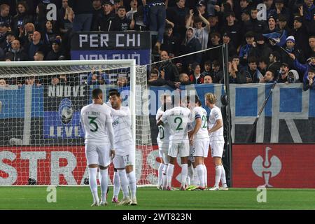 Bergamo, Italien. März 2024. Italien, Bergamo, 14. märz 2024: Pedro Goncalves (Sporting CP) erzielt und feiert das Tor 1-0 bei 33' während des Fußballspiels Atalanta BC vs Sporting CP, Europa League Runde 16 2nd Leg Gewiss Stadium (Foto: Fabrizio Andrea Bertani/Pacific Press) Credit: Pacific Press Media Production Corp./Alamy Live News Stockfoto