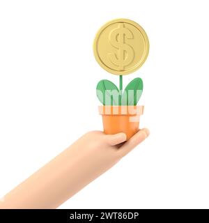 3. Topf der Pflanze mit goldenen Münzblume in der Hand auf weißem Hintergrund. Geldbaum - Symbol für erfolgreiches Geschäft, das das Konzept des Business incom enthüllt Stockfoto