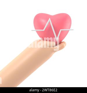 3D-Rendering. Symbol für medizinische Herzfrequenz. Doktor oder Kardiologe Cartoon Hand mit Herz mit Diagrammlinie. Illustration im Gesundheitswesen.3D-Rendering auf weiß b Stockfoto