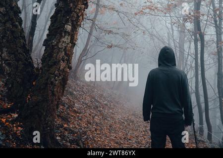 Ein Mann mit Kapuze zurück zur Kamera. Sie stehen in einem gruseligen, unheimlichen Wald. An einem gruseligen nebeligen Wintertag. Stockfoto