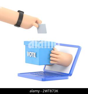 Flache 3D-Isometrie Geschäftsmanns, die Stimmzettel in die Wahlbox legen, die vom Laptop-Monitor kommt. Online-Abstimmung und -Wahl Concept.3D rende Stockfoto