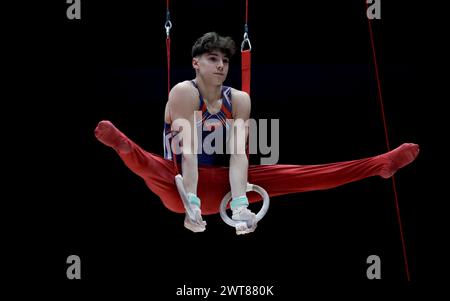 Liverpool, Großbritannien. März 2024. März 2024, M&amp;S Bank Arena, Liverpool, England; British Gymnastics Championships Day 3; Alexander Niscoveanu auf Rings Credit: Action Plus Sports Images/Alamy Live News Stockfoto