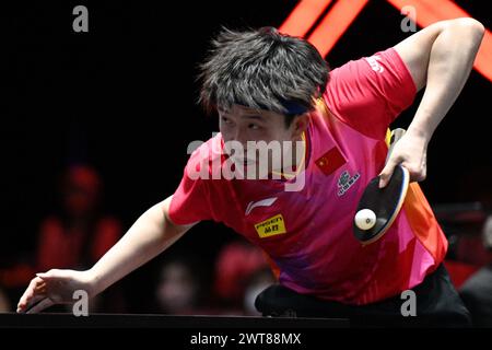 Singapur. März 2024. Wang Chuqin aus China spielt im Halbfinale der Männer gegen Felix Lebrun aus Frankreich beim World Table Tennis Singapore Smash 2024 in Singapur am 16. März 2024. Quelle: Dann Chih Wey/Xinhua/Alamy Live News Stockfoto
