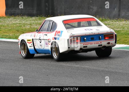 Scarperia, 2. April 2023: Ford Capri RS 2600 1973 im Einsatz beim Mugello Classic 2023 auf dem Mugello Circuit in Italien. Stockfoto