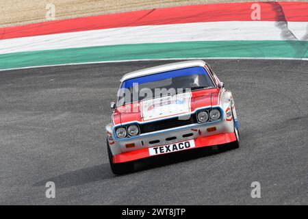 Scarperia, 2. April 2023: Ford Capri RS 2600 1973 im Einsatz beim Mugello Classic 2023 auf dem Mugello Circuit in Italien. Stockfoto