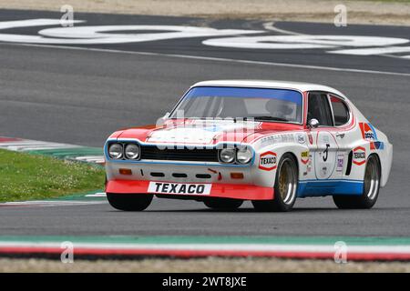 Scarperia, 2. April 2023: Ford Capri RS 2600 1973 im Einsatz beim Mugello Classic 2023 auf dem Mugello Circuit in Italien. Stockfoto