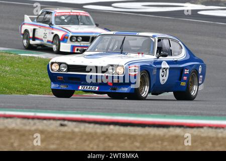 Scarperia, 2. April 2023: Ford Capri RS 2600 1973 im Einsatz beim Mugello Classic 2023 auf dem Mugello Circuit in Italien. Stockfoto