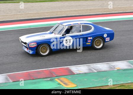 Scarperia, 2. April 2023: Ford Capri RS 2600 1973 im Einsatz beim Mugello Classic 2023 auf dem Mugello Circuit in Italien. Stockfoto