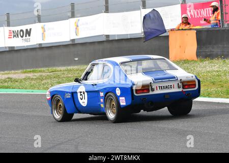 Scarperia, 2. April 2023: Ford Capri RS 2600 1973 im Einsatz beim Mugello Classic 2023 auf dem Mugello Circuit in Italien. Stockfoto