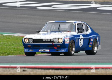 Scarperia, 2. April 2023: Ford Capri RS 2600 1973 im Einsatz beim Mugello Classic 2023 auf dem Mugello Circuit in Italien. Stockfoto