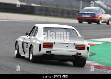 Scarperia, 2. April 2023: Ford Capri RS 3100 Köln 1974 im Einsatz beim Mugello Classic 2023 auf dem Mugello Circuit in Italien. Stockfoto