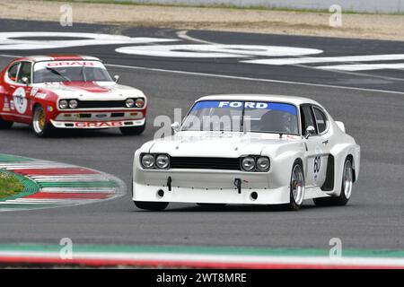 Scarperia, 2. April 2023: Ford Capri RS 3100 Köln 1974 im Einsatz beim Mugello Classic 2023 auf dem Mugello Circuit in Italien. Stockfoto