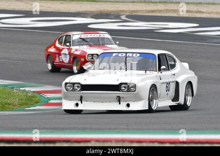 Scarperia, 2. April 2023: Ford Capri RS 3100 Köln 1974 im Einsatz beim Mugello Classic 2023 auf dem Mugello Circuit in Italien. Stockfoto