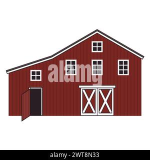 Rote Holzscheune mit offener Tür, Dach und fünf Fenstern. Handgezeichnete Umrissdarstellung isoliert auf weißem Hintergrund Stock Vektor
