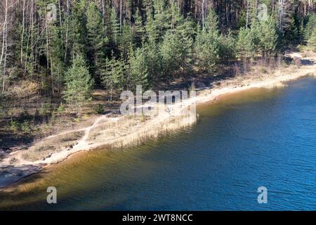 Blaues Seewasser mit gelbem Sanddünenstreifen und grüner Nadelbaumwand Stockfoto