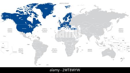Die Mitgliedstaaten der NATO (Nordatlantikvertragsorganisation) auf der Weltkarte. Vektorabbildung Stock Vektor