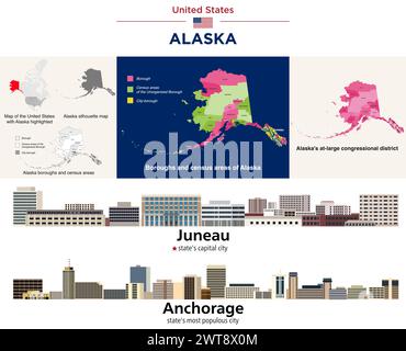 Alaskas Stadtteile und Volkszählungsgebiete Karte und große Bezirkskarte des Kongresses. Skylines von Juneau (Hauptstadt des Bundesstaates) und Anchorage (die meisten der Bundesstaaten) Stock Vektor