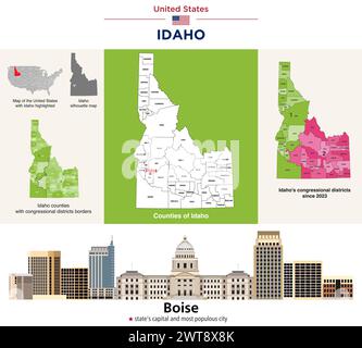 Idaho Countys Karte und Kongressbezirke seit 2023 Karte. Skyline von Boise – Hauptstadt des Bundesstaates und bevölkerungsreichste Stadt. Vektorsatz Stock Vektor