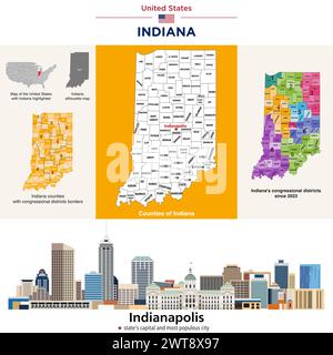Indiana Countys Karte und Kongressbezirke seit 2023 Karte. Skyline von Indianapolis – Hauptstadt des Bundesstaates und bevölkerungsreichste Stadt. Vektorsatz Stock Vektor