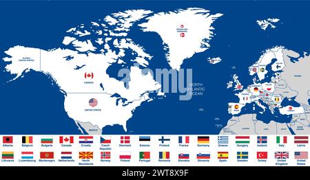 Mitgliedstaaten der NATO (Nordatlantikvertragsorganisation) mit allen Flaggen in alphabetischer Reihenfolge. Vektorabbildung Stock Vektor