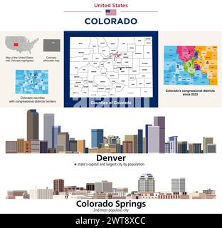 Colorado Countys Karte und Kongressbezirke seit 2023 Karte. Skylines der Städte Denver und Colorado Springs. Vektorsatz Stock Vektor