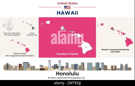 Hawaii Countys Karte und Kongressbezirke seit 2023 Karte. Skyline von Honolulu – Hauptstadt des Bundesstaates und bevölkerungsreichste Stadt. Vektorsatz Stock Vektor