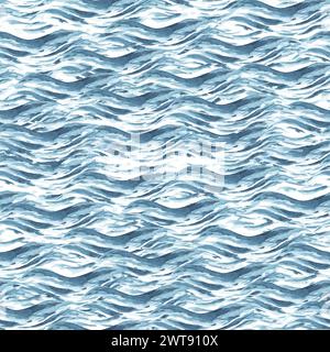 Blauer Hintergrund mit Streifen, handgezeichnete Wellen. Geometrisches Sommerdesign mit Rasterstreifen. Für Textilien, Geschenkpapier, Gewebedesign. Stockfoto