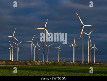 Petersdorf, Deutschland. März 2024. Vor dunklen Regenwolken über Ostbrandenburgs scheint die Abendsonne auf Windräder vom Windpark Odervorland. Quelle: Patrick Pleul/dpa/Alamy Live News Stockfoto