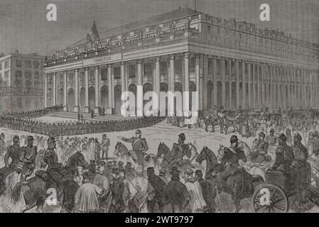 Deutsch-Französischer Krieg (1870–1871). Während des Krieges wurde die Stadt Bordeaux vorübergehend (vom 8. Februar bis zum 20. März 1871) Sitz der französischen Regierung. Außenansicht des Grand Théâtre, wo die Nationalversammlung des französischen Parlaments am 13. Februar 1871 zusammentrat. Zeichnung von Miranda. Gravur von Capuz. Historia de la Guerra de Francia y Prusia (Geschichte des Krieges zwischen Frankreich und Preußen). Band II Veröffentlicht in Barcelona, 1871. Stockfoto