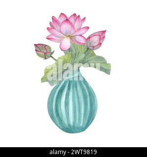 Strauß rosa weißer Lotusblüten mit Blättern in Keramikvase. Blühende Seerosenblüte, Knospen, Blatt. Keramik, Blumentopf. Inneneinrichtung Stockfoto