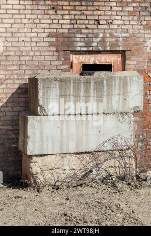 Detroit, Michigan - die Tür eines leerstehenden Gebäudes ist als Notausgang gekennzeichnet. Stockfoto