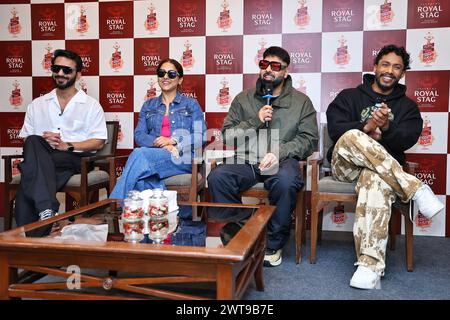 Die Sänger Ali Merchant und Neeti Mohan begleiten die Rapper Badshah und Dino James auf der Pressekonferenz des Royal Stag Boombox Music Festivals von Seagram am 16. März 2024 in Jaipur, Rajasthan, Indien. (Foto: Vishal Bhatnagar/NurPhoto) Credit: NurPhoto SRL/Alamy Live News Stockfoto