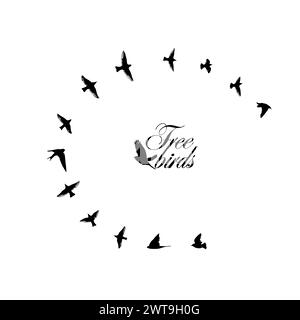 Vögel in einem Kreisrahmen. Silhouetten von fliegenden Vögeln, Handzeichnung. Nicht AI, Illustrat3 . Vektorabbildung Stock Vektor