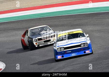 Scarperia, 2. April 2023: Ford Capri RS 3100 Köln 1975 im Einsatz beim Mugello Classic 2023 auf dem Mugello Circuit in Italien. Stockfoto
