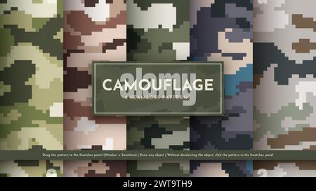 Stellen Sie 5 Nahtlose Pixel Camouflage-Muster Ein. Kriegs-Illustration. Traditionelle Militärische Textur. Hintergrund Der Armee Stock Vektor