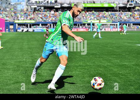 016. März 2024: Der Mittelfeldspieler Alex Roldan (16) der Seattle Sounders während des MLS-Fußballspiels zwischen den Seattle Sounders und den Colorado Rapids in Seattle, WA. Steve Faber/CSM Stockfoto