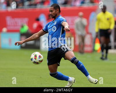 Chicago, USA, 16. März 2024. Major League Soccer (MLS) CF Montreals Ariel Lassiter (11) spielt den Ball gegen den Chicago Fire FC im Soldier Field in Chicago, IL, USA. Quelle: Tony Gadomski / All Sport Imaging / Alamy Live News Stockfoto