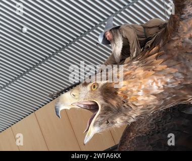 Wellington, Neuseeland - 21. Februar 2024: Nahaufnahme der detaillierten Kunstfertigkeit der Weta Studios auf der Skulptur von Gandalf Riding on a Great EAG Stockfoto