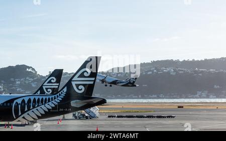 Wellington, Neuseeland - 21. Februar 2024: Air New Zealand auf dem Asphalt am Wellington International Airport. Stockfoto