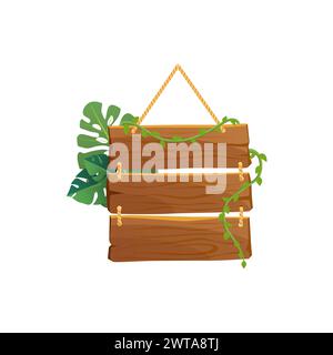 Hängendes hölzernes Schild aus drei Brettern mit grünen Pflanzenblättern Vektorillustration Stock Vektor